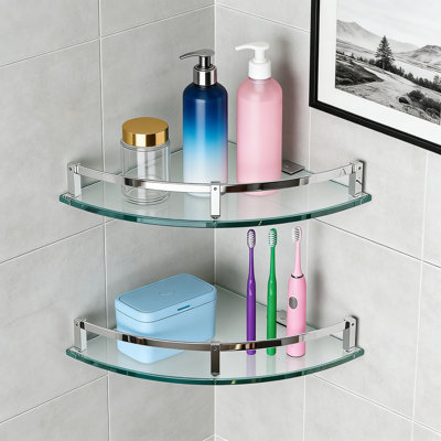 Bathroom Shelves, Glass Shelf Wall Mounted Glass Corner Shower Shelf With 304 Stainless Steel Rail, Set Of 2