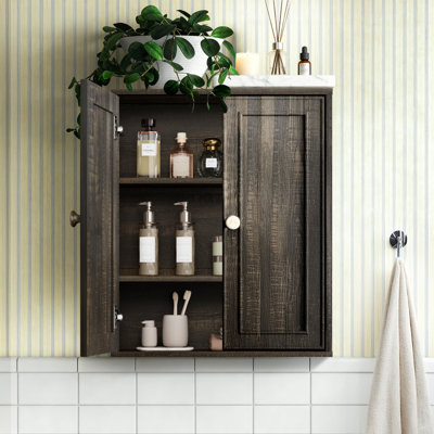 Armoire de salle de bain murale avec bouton de style antique, porte à fermeture douce et tablettes réglables