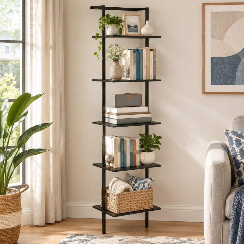 Mount this black 5-tier ladder shelf on a wall for open book and item storage. Standing 64.7" high, it assembles easily for home offices, bedrooms, or living rooms.