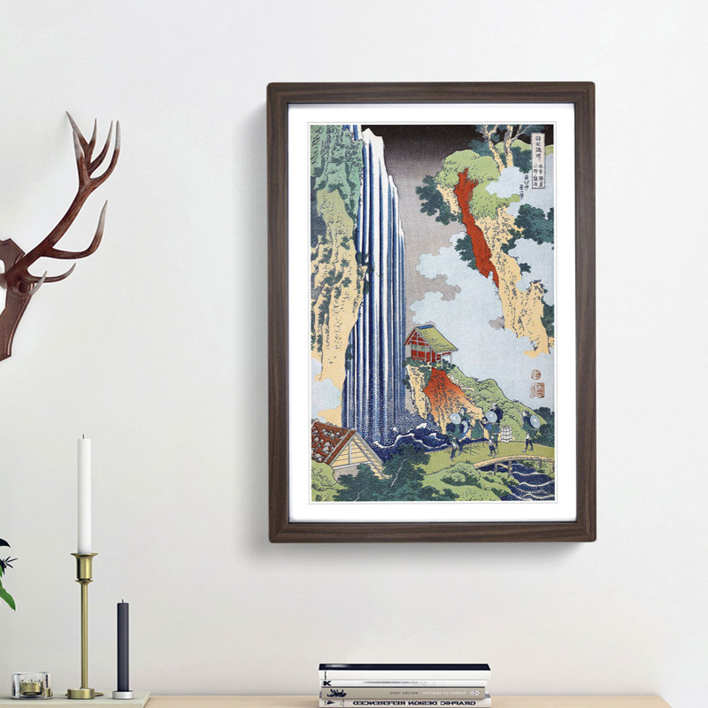 The Waterfall in Ono on the Kisokai Road by Katsushika Hokusai - Picture Frame Painting Print, Walnut Framed