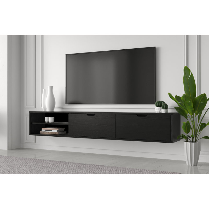 Savya 71" Wall Mounted Floating Entertainment Media Console, Wooden Black