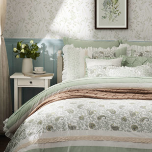 9 Piece Comforter King - Sage Cotton. Delicate Floral Decoration. Comprises Comforter, Shams, Euro Bed Skirt, And Decorative Pillows. All Season Warmth. Breathable Cotton . Color. Elegant Theme. With