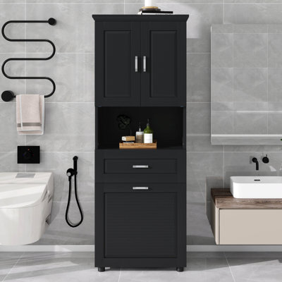Armoire de salle de bain de 70 po de hauteur avec panier à linge avec portes et espace de rangement ouvert, armoire de rangement supérieure pour salle de bain