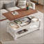 Table basse à plateau relevable rétro avec rangement pour le salon, compartiment caché et tablette inférieure, finition espresso et blanc vieilli-130020432