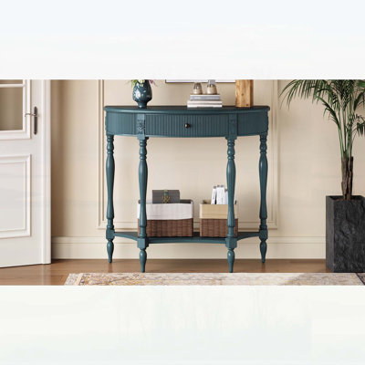 Console demi-lune en bois massif avec tiroir et tablette, table d'entrée incurvée cannelée rétro pour vestibule de salon de couloir, table de canapé à espace étroit avec pieds romains sculptés