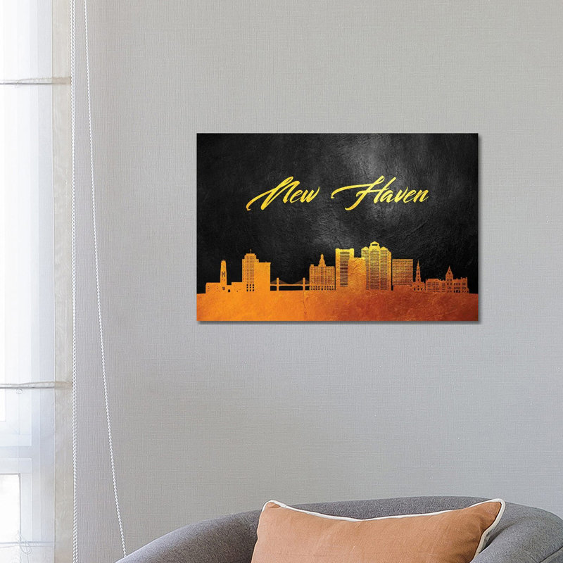 New Haven Connecticut Gold Skyline 1 Piece Wrapped Canvas Painting, 66.04 cm H x 45.72 cm W x 3.175 cm D