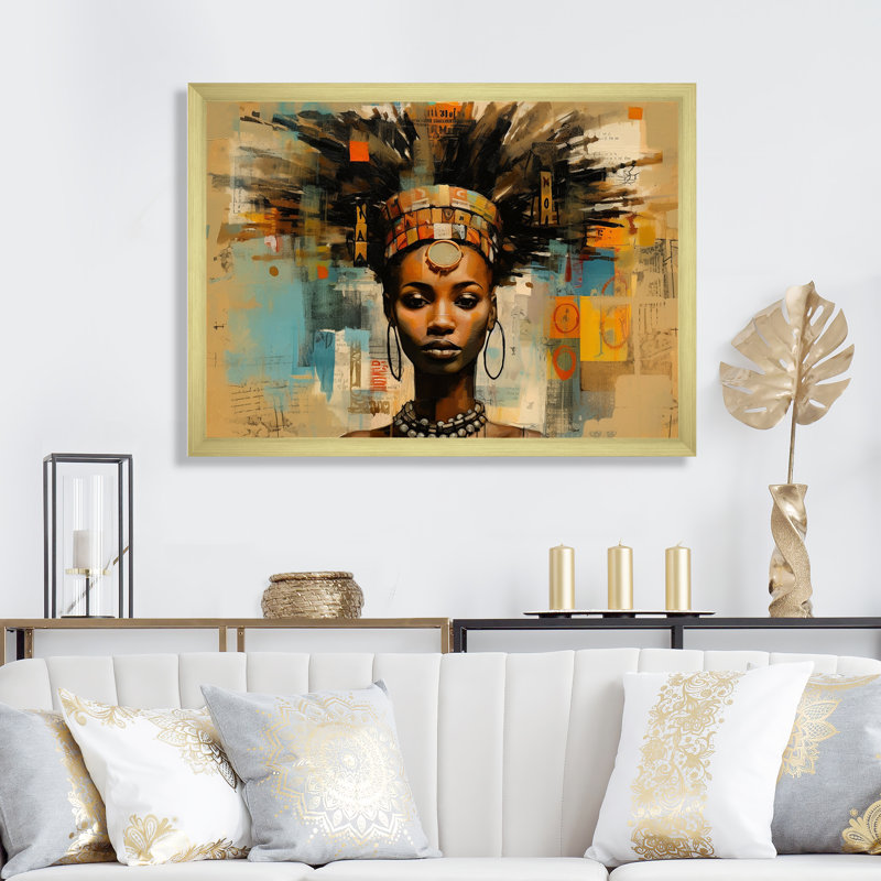 Tribal déesse portrait africain contemporain, H 24 po x l 32 po x P 1 po, Cadre doré simple