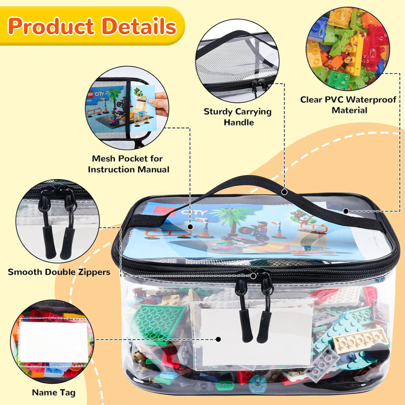 6 Pack Clear Toy Storage Bags With Name Tags & Pockets