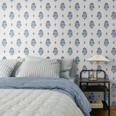 Nextwall Deft Blue Floral Spot Premium Matte Non-Woven Peel And Stick Wallpaper