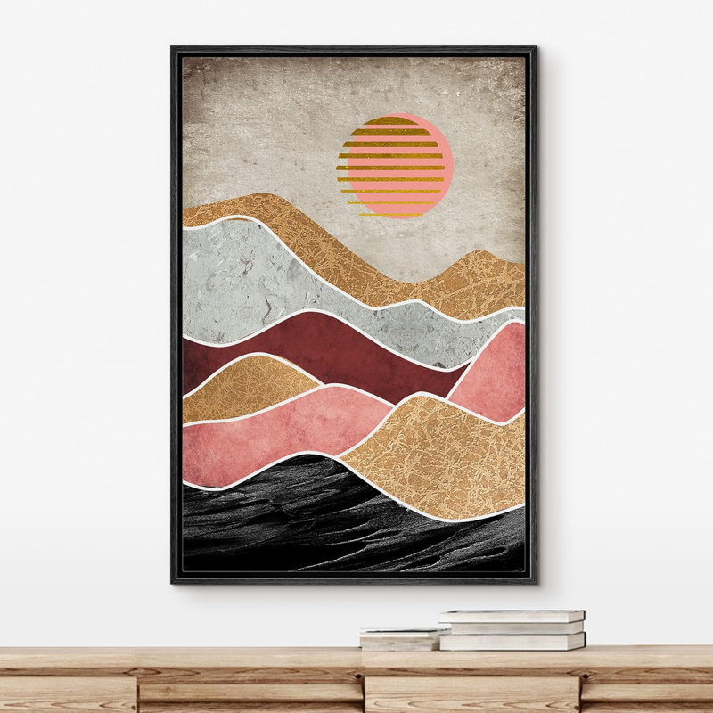 Soleil, chaîne de montagnes, paysage abstrait, illustrations modernes, H 36 po x l 24 po, Noir