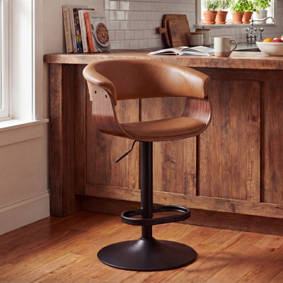 Brown Adjustable Height Bar Stools With Faux Leather Seat Swivel Stool With Backrest For Kitchen Island, Bar, Home Pub