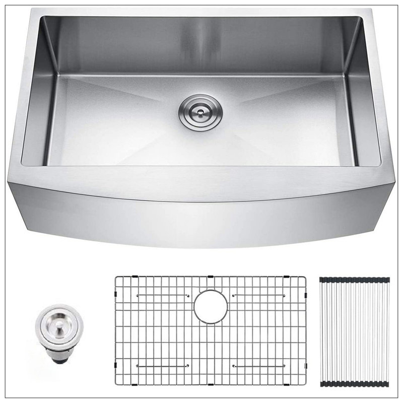Acier inoxydable de calibre 16 nickel brossé 33 po Évier de cuisine à simple cuve à tablier de ferme avec grille inférieure et crépine