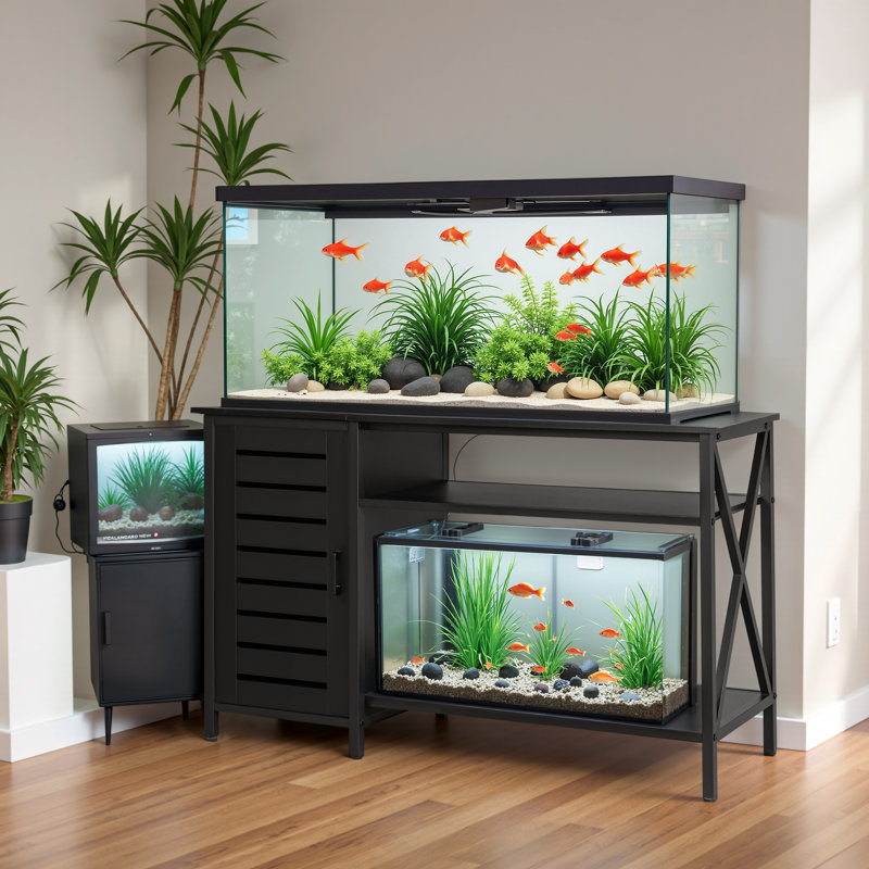 Support d'aquarium avec douille intégrée et rangement en bois, aquarium / meuble télé avec tablettes réglables