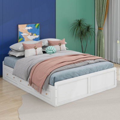Wood Queen Size Platform Bed Frame With 6 Drawers
