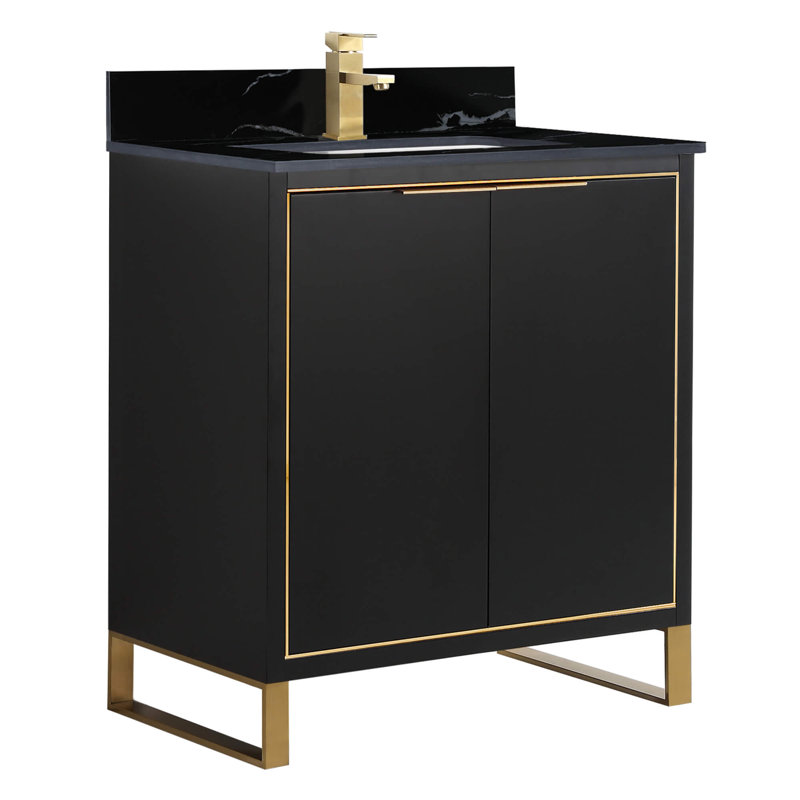 Gesa 30'' Single Bathroom Vanity with Stone Top, Black Matte, Satin Brass
