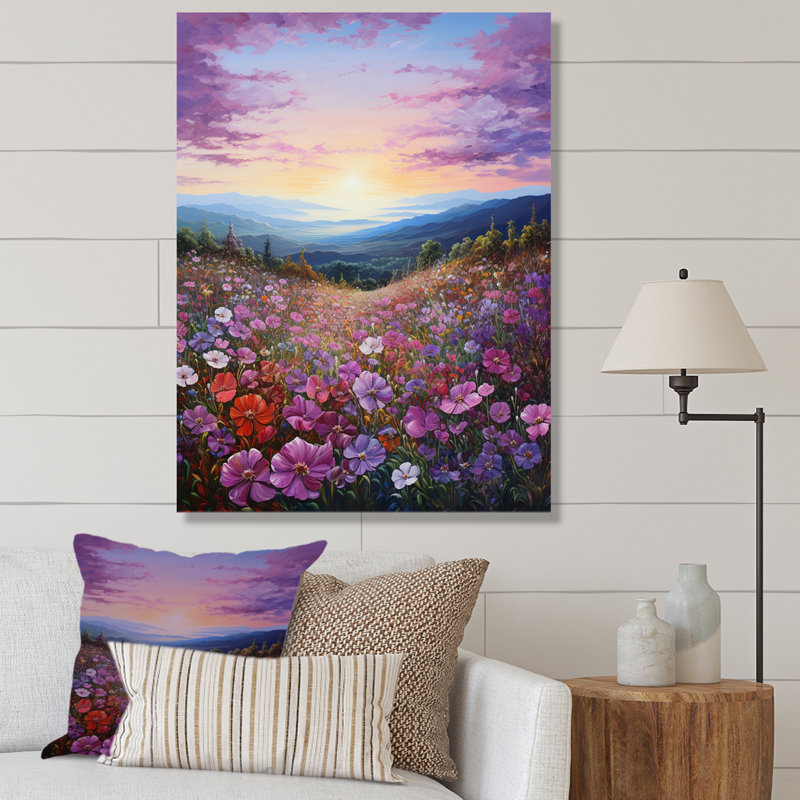 Champ de fleurs roses et mauves sur une impression sur toile, Cadre photo argenté, H 32 po x l 24 po