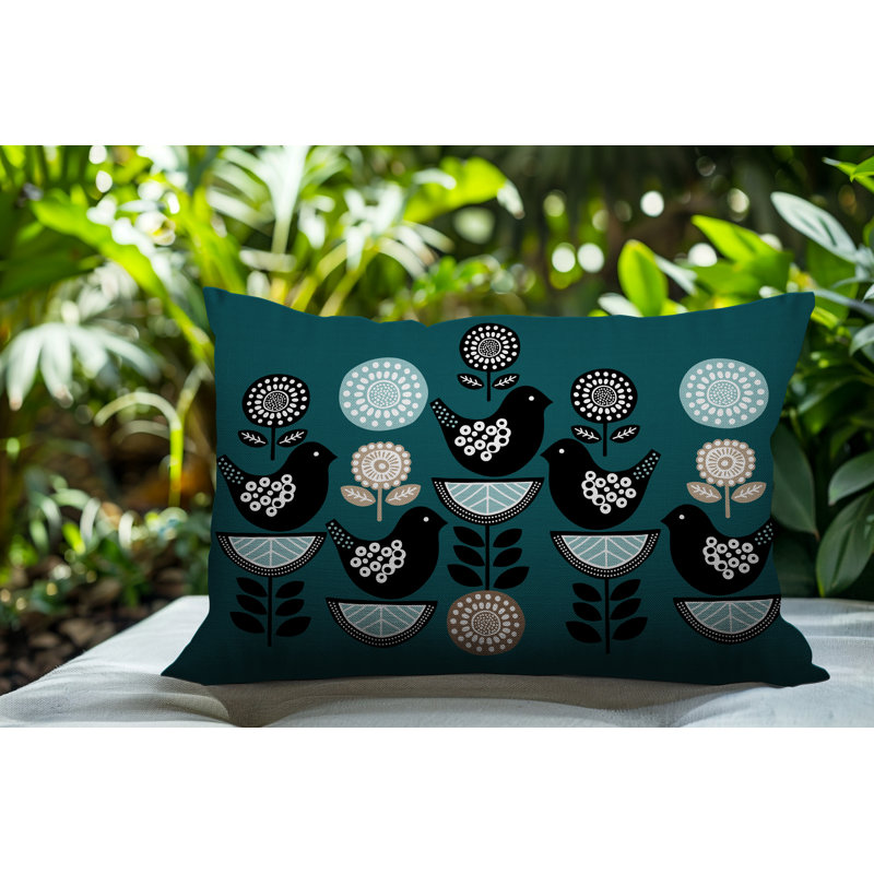 Oreiller rectangulaire intérieur / extérieur réversible Lina Bird, Rectangle H 14 po x l 20 po, Émeraude