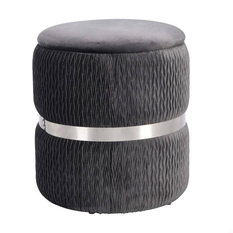 Velvet Round Ottoman With Storage, Gray/Silver