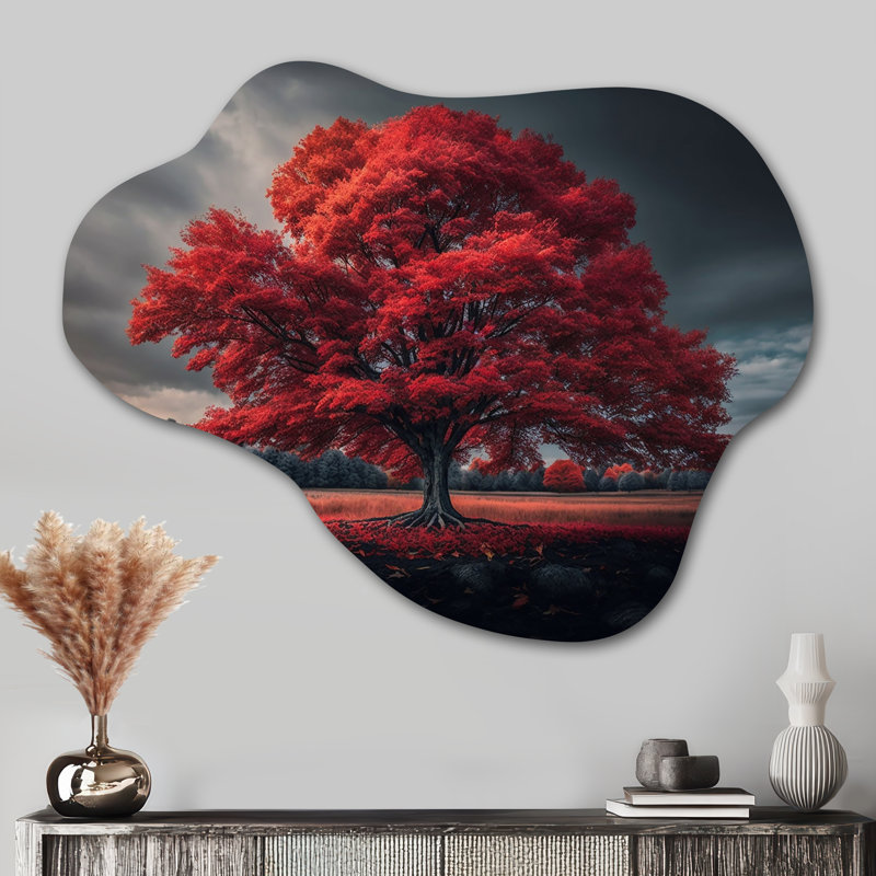 «Lonely Majestic Red Tree In The Countryside II», paysage de forêt en forme de nuage, art mural métallique asymétrique