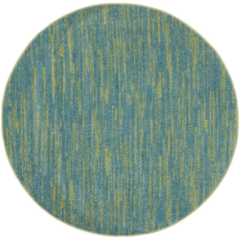 4' Blue And Green Round Striped Non Skid Indoor Outdoor Area Rug