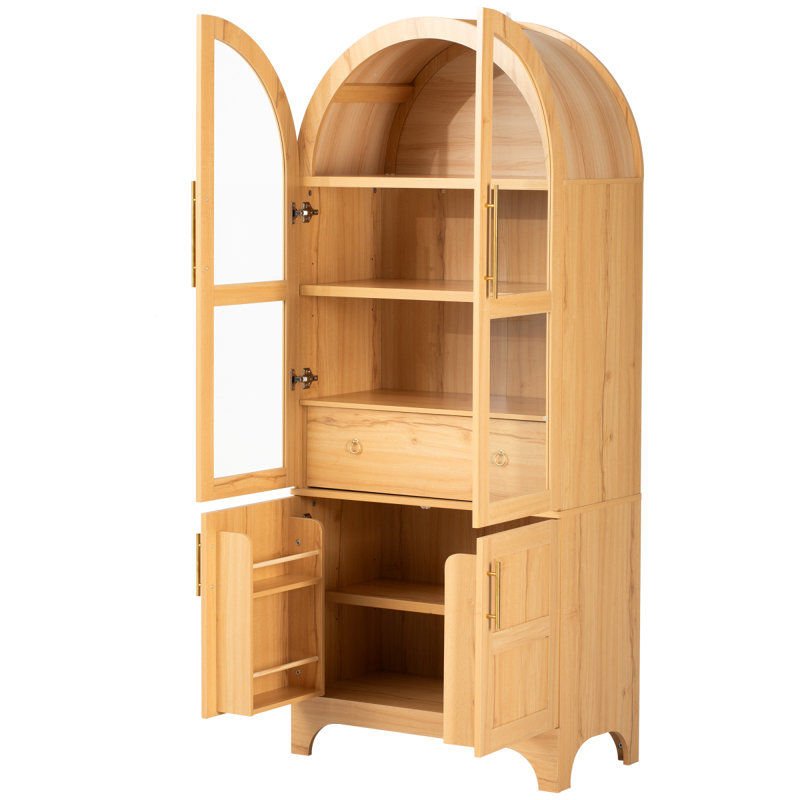 K&K 71" Tall Arched Kitchen Pantry Cabinet With Door Shelves, Farmhouse Kitchen Storage Cabinet With Open & Adjustable Shelves, Hidden Drawer & Glass Door, Cupboard For Kitchen, Dining Room, Natural