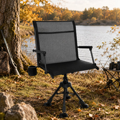 360° Silent Swivel Hunting Chair, Folding Portable Hunting Chair with Adjustable Legs, Armrests & Cup Holder