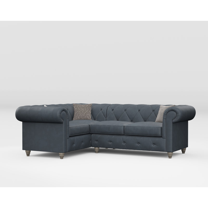 Melrose 3 Seater Leather Corner Sofa , Left Hand Facing, Navy, Washed Oak