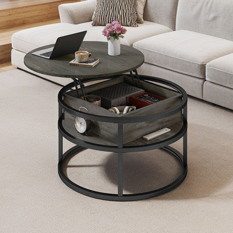 Rothwell Lift Top  Coffee Table ,Extendable Round Cocktail Table, Black, Charcoal Grey, 61.5cm H x 80cm W x 80cm D