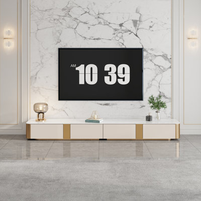 Meuble télé 94,49 po, meuble télé de comptoir en pierre frittée brillante, 6 tiroirs (aucun assemblage requis)
