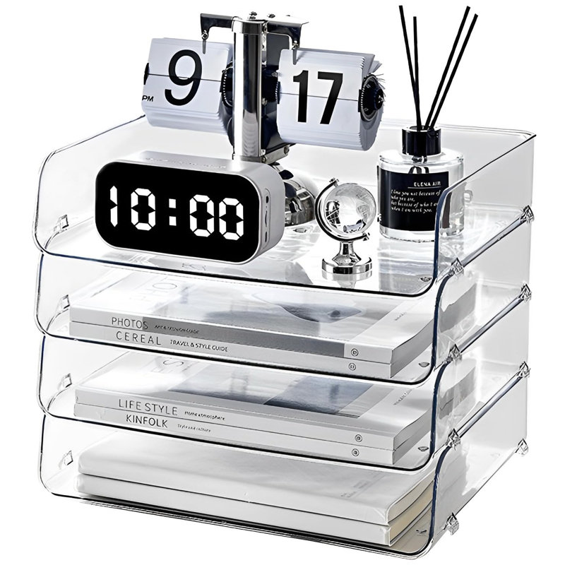 Ensemble de 4 organisateurs de papier pour bureau, support de livre empilable pour plateau de classe, bureau et plus, transparent