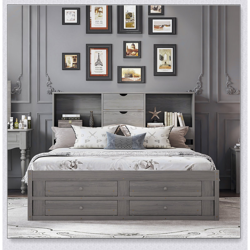 Platform Bed With Storage Headboard And 8 Drawers, Gris, Très grand lit