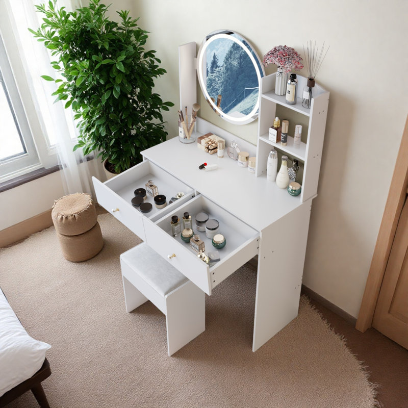 Coiffeuse de maquillage moyenne blanche avec miroir et tiroir à DEL, White