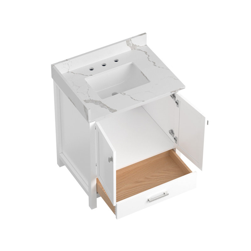 Ensemble de meuble-lavabo en bois massif 30 po avec comptoir et dosseret en quartz, White, Brushed Nickel
