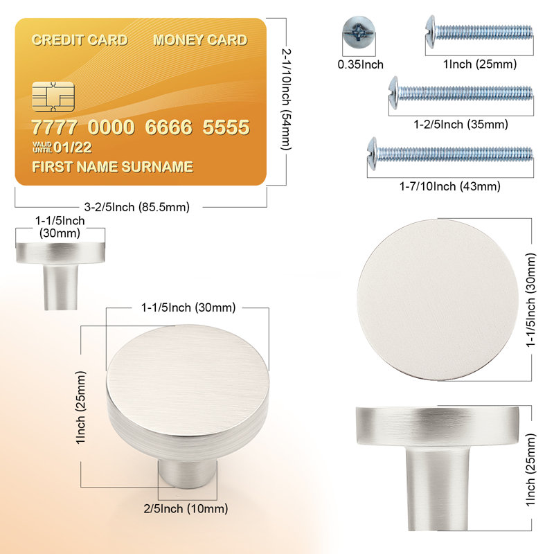 Probrico Solid Round Cabinet Knobs for Cupboard Drawer Hardware, Brushed Nickel