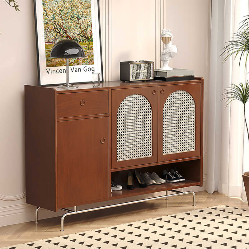 Simple Solid Wood and Rattan Shoe Cabinet for Home Use