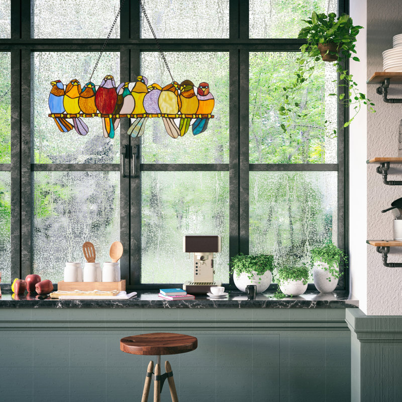 Multi-Coloured Stained Glass Birds on a Wire Window Panel