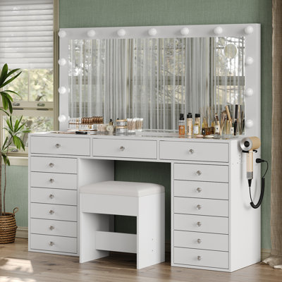 15 Drawers Vanity Desk, Makeup Vanity with Charging Station, Dressing Table with Lighted Mirror, 3 Lighting Modes, Brightness Adjustable, Glass Top,