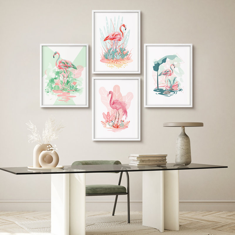 Art tropical, flamant rose tropical, Blanc, H 14 po x l 11 po