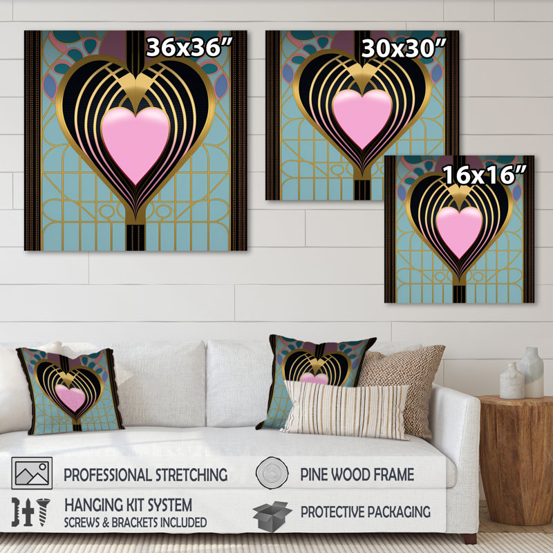 «Pink and Gold Nouveau Heart», reproduction sur toile, L 16 po x H 16 po, Toile tendue