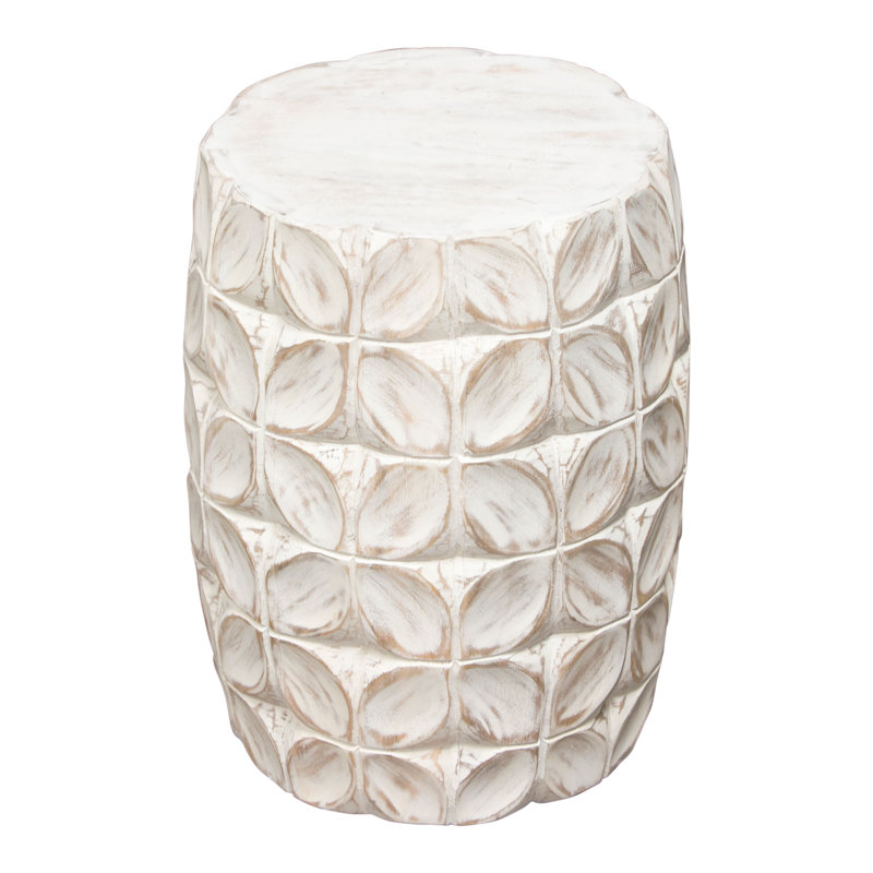 Fig Solid Mango Wood Accent Table In Distressed White Finish W/ Leaf Motif