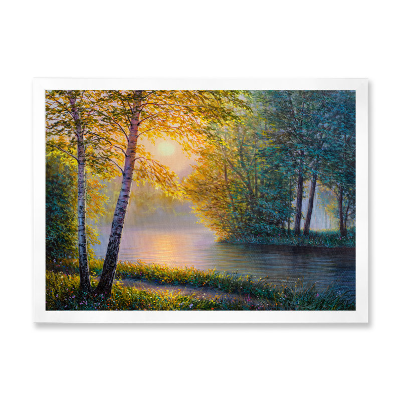 «Morning Summer With Beautiful River Spring Forest», peinture sur toile, H 30 po x l 40 po x 1,5 po, Cadre blanc