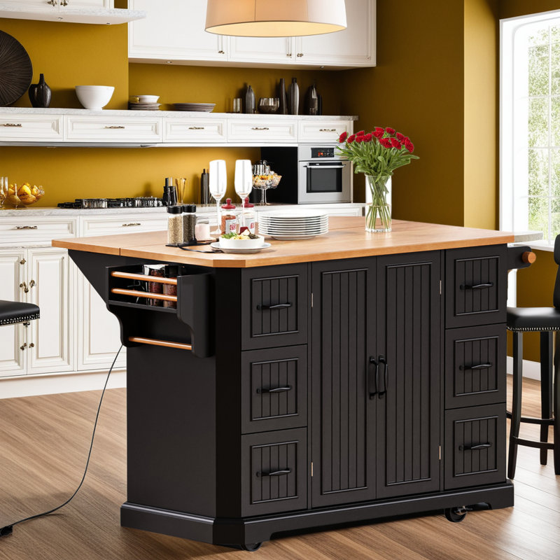 Kitchen Island Cart with Drop Leaf, Power Outlets & Hidden Wheels, Black