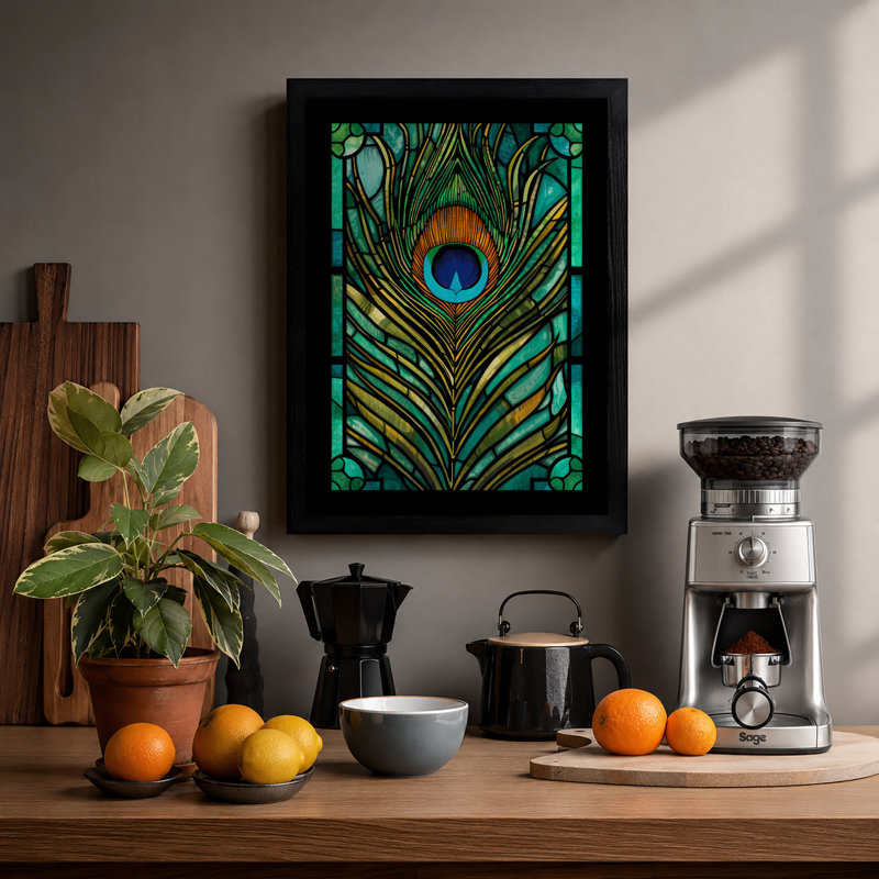 Peacock Feather Panel Art Deco - Print, A2 - 59.4 x 42.0 cm, Black
