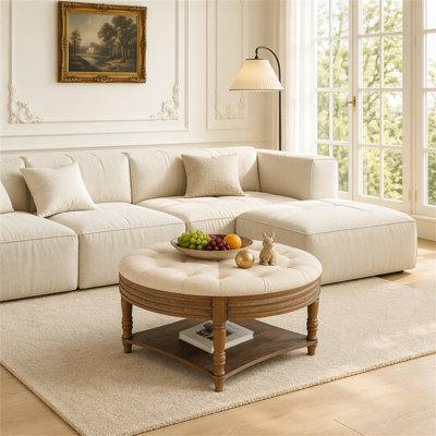 Grande table basse ronde avec repose-pieds imperméable surdimensionné à 2 niveaux avec tablette en bois et rangement en bois