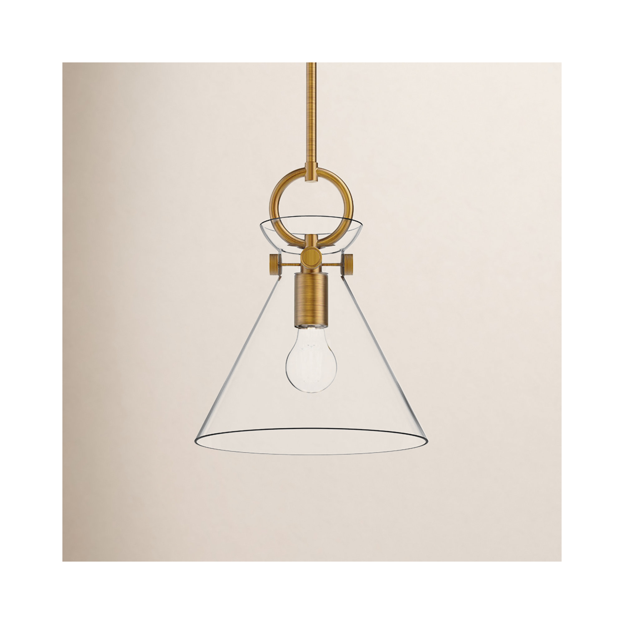 Tiney Single Light Glass Steel Pendant, Aged Gold/Clear, 12.75" H x 10.5" W x 10.5" D