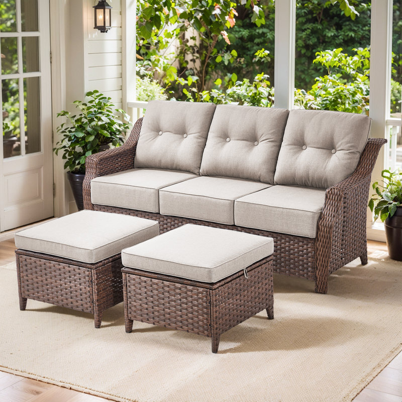 Acton 74.8" W Outdoor Wicker Patio Sofa with Ottomans, Beige