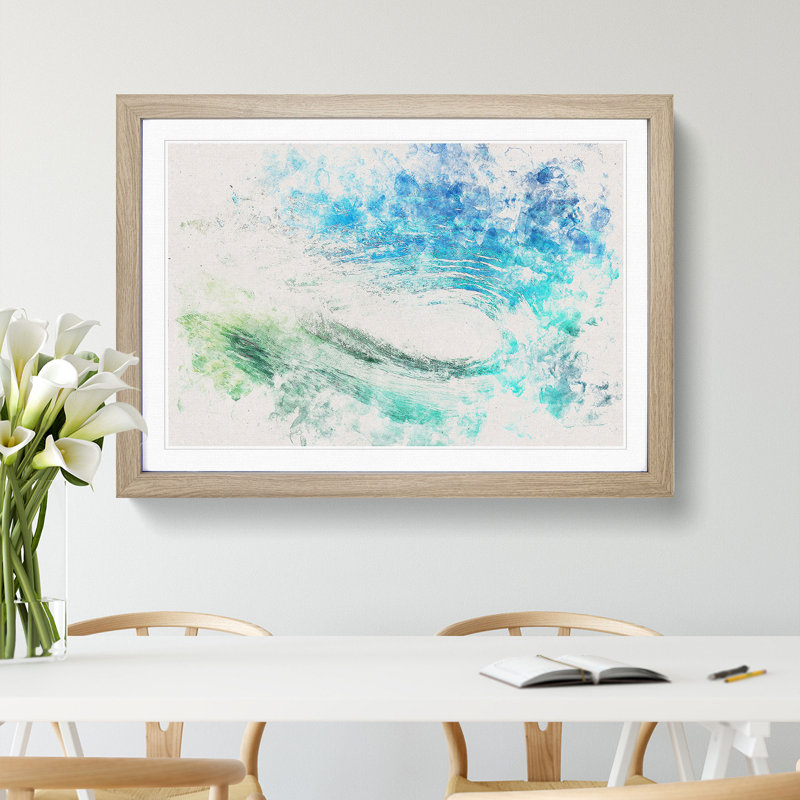 Within The Wave In Blue & Green Watercolour - Picture Frame Graphic Art, 45cm H x 63cm W x 2cm D, Oak