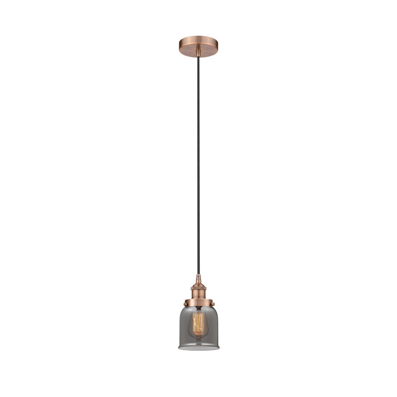 Bell - Mini-luminaire suspendu 1 lumière 5 po - Finition cuivre antique - Abat-jour fumé clair, H 9,5 po x l 5 po x P 5 po