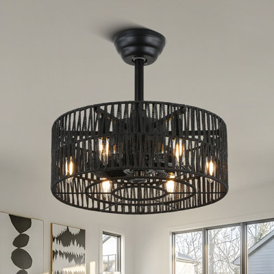 Ventilateur de plafond en cage en rotin noir Angelyca avec ensemble d'éclairage et télécommande