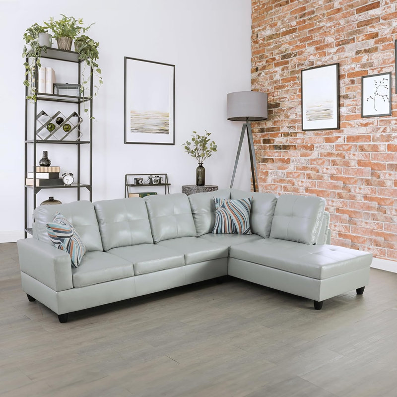 Bawan Faux Leather L-Shaped Sectional, Right Hand Facing, Silver/Green Faux Leather